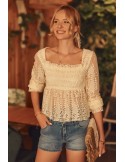 Lace blouse with a diamond neckline, beige 89455 - Online store - Boutique